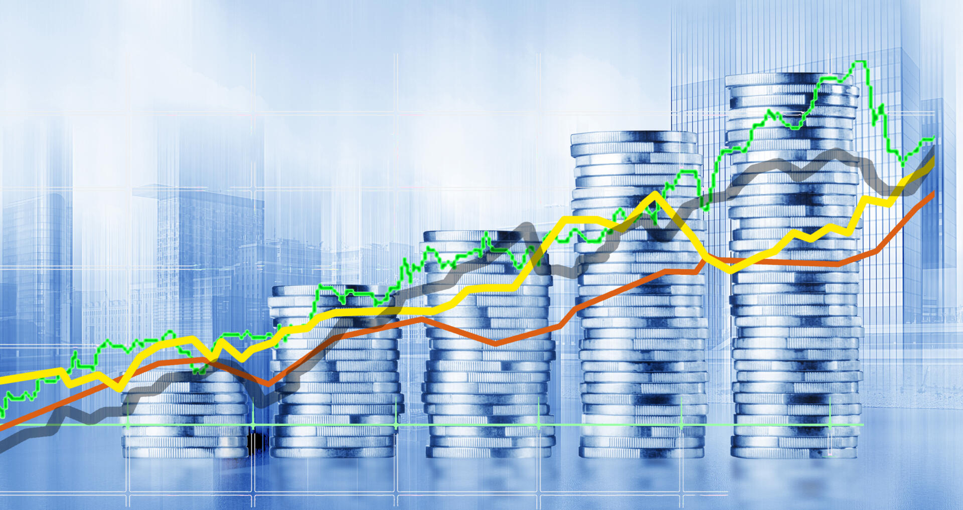 Aufsteigende Münzstapel mit Statistikkurven